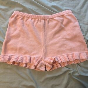 High Waist Pink Ruffle Knit Women's Shorts